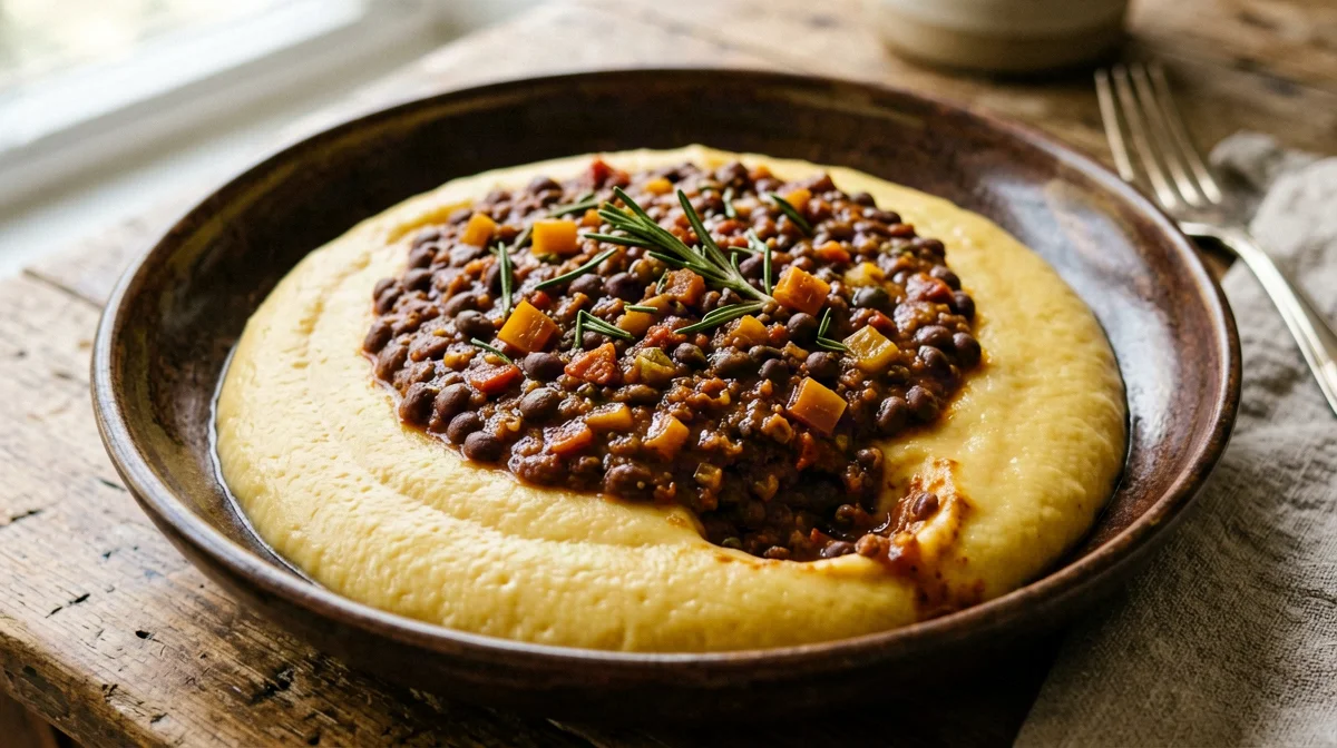 Soft polenta with rosemary lentil ragù