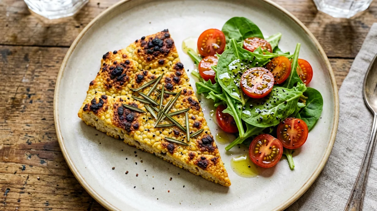 Baked chickpea farinata with rocket and cherry tomato salad
