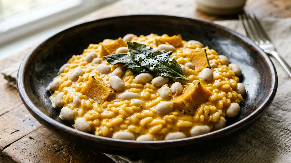Risotto alla zucca con cannellini e salvia croccante