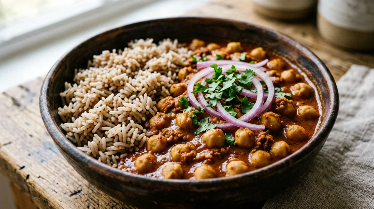 Chana masala with brown rice and red onion