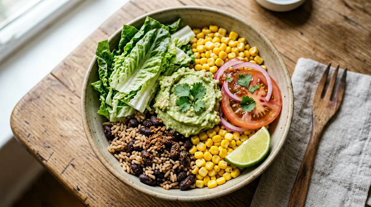 Black bean, rice, corn and guacamole burrito bowl