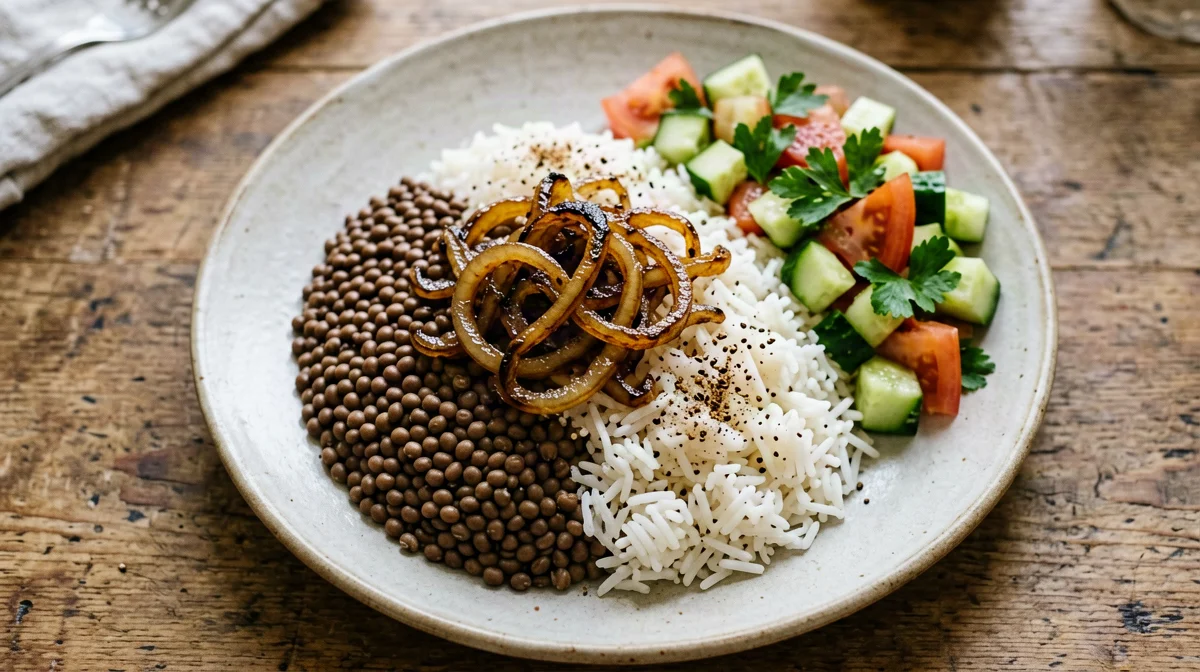 Mujaddara con cipolle dorate e insalata di cetrioli