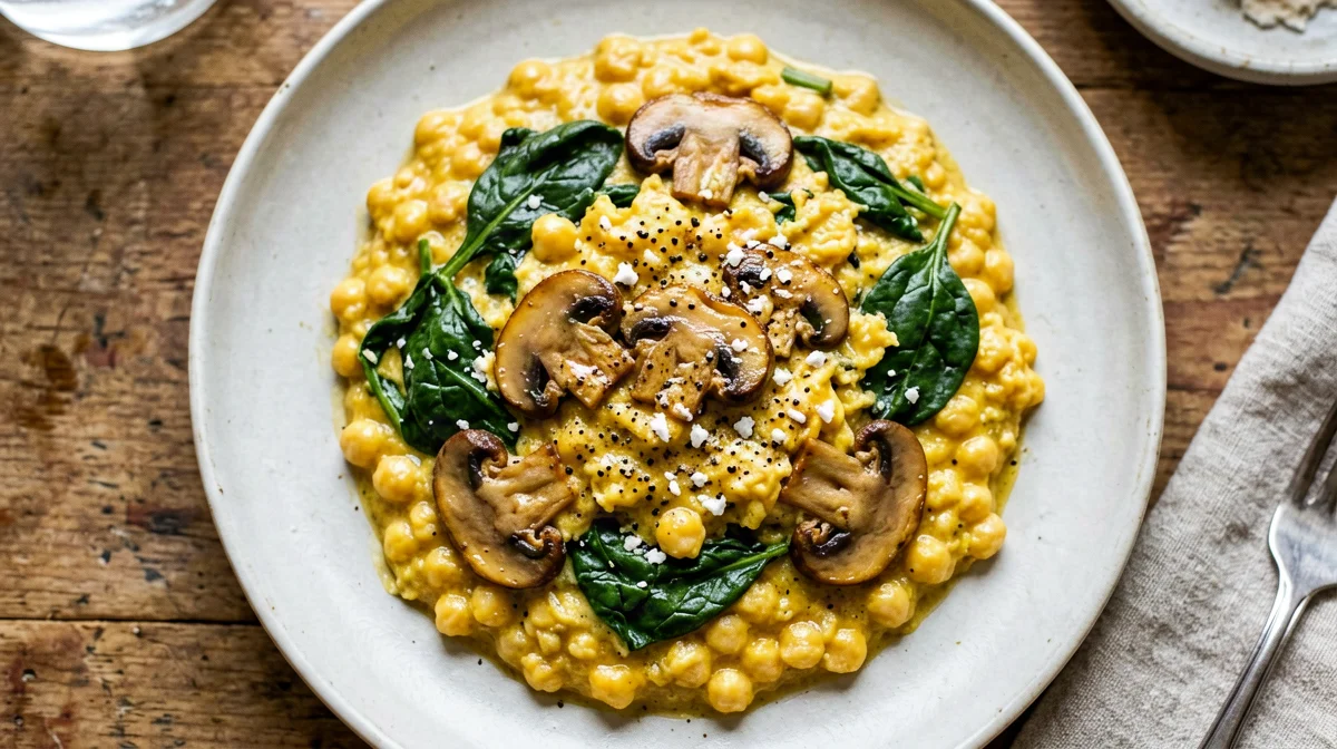 Scramble di farina di ceci con funghi, spinaci e lievito alimentare