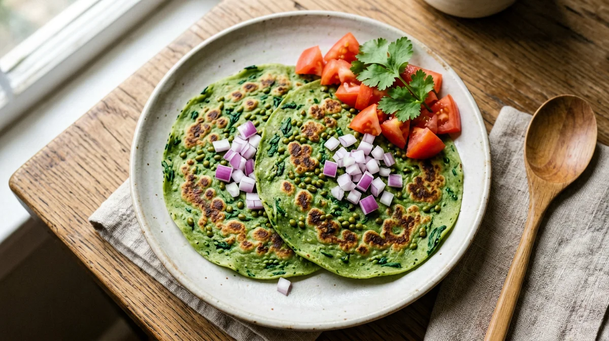 Mung bean pesarattu with ginger and spinach