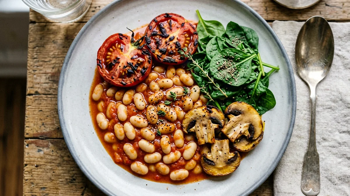 Colazione all'inglese vegana con cannellini al pomodoro e funghi