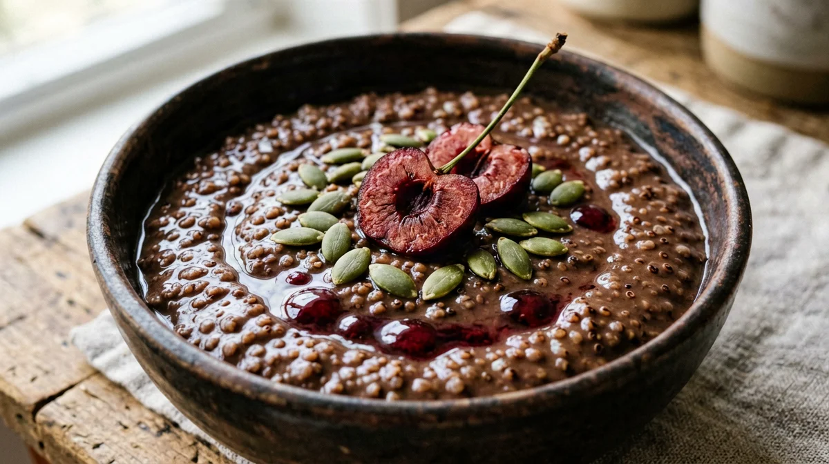 Crema di quinoa al cacao con ciliegie e semi di zucca