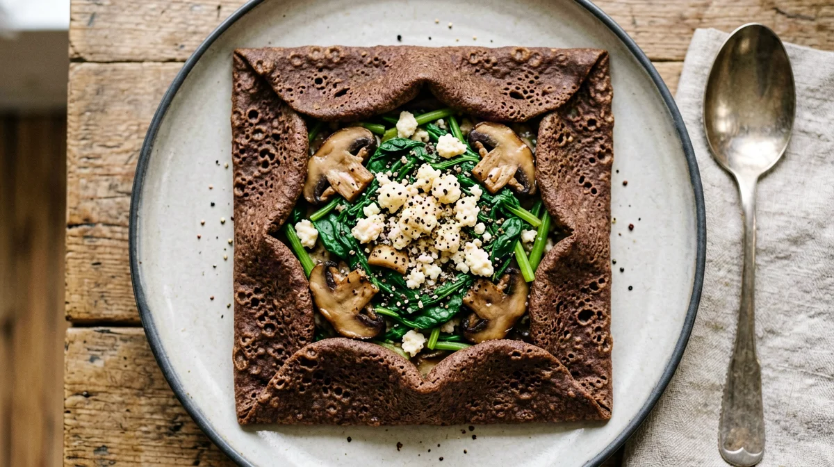 Buckwheat galette with mushrooms, spinach and nutritional yeast