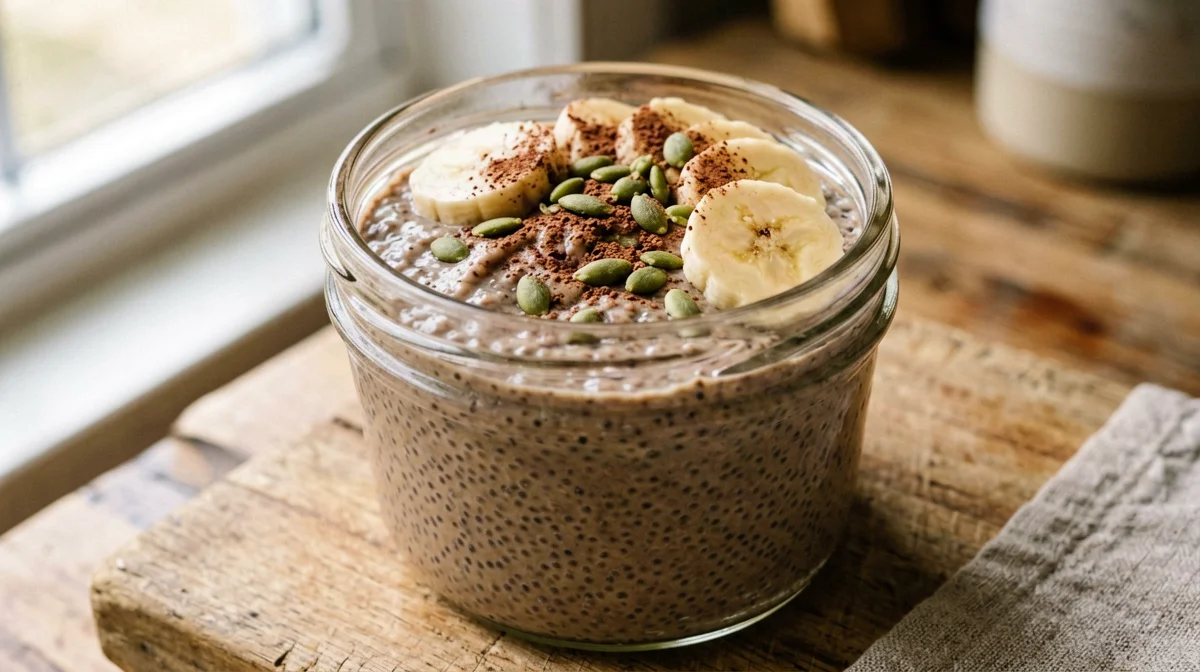 Chia pudding al caffè con bevanda di riso e banana