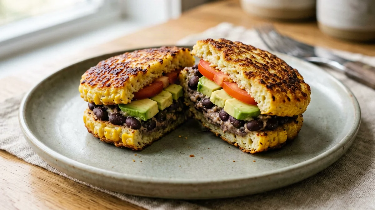 Arepas ripiene di fagioli neri, avocado e pomodoro