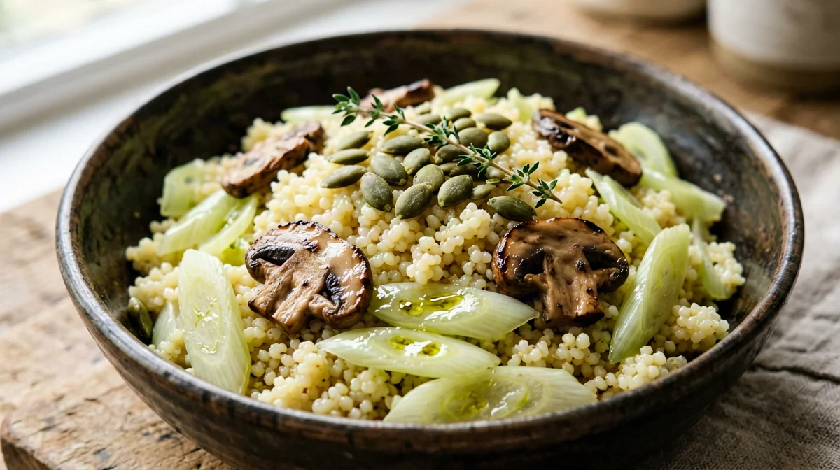 Miglio salato con porri, funghi e semi di zucca