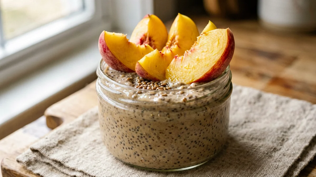 Vanilla chia and flaxseed pudding with peach