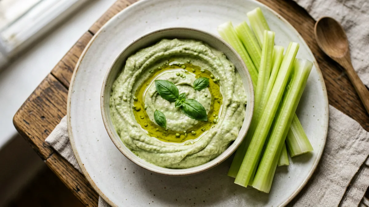 Basil lupin and pea hummus with celery