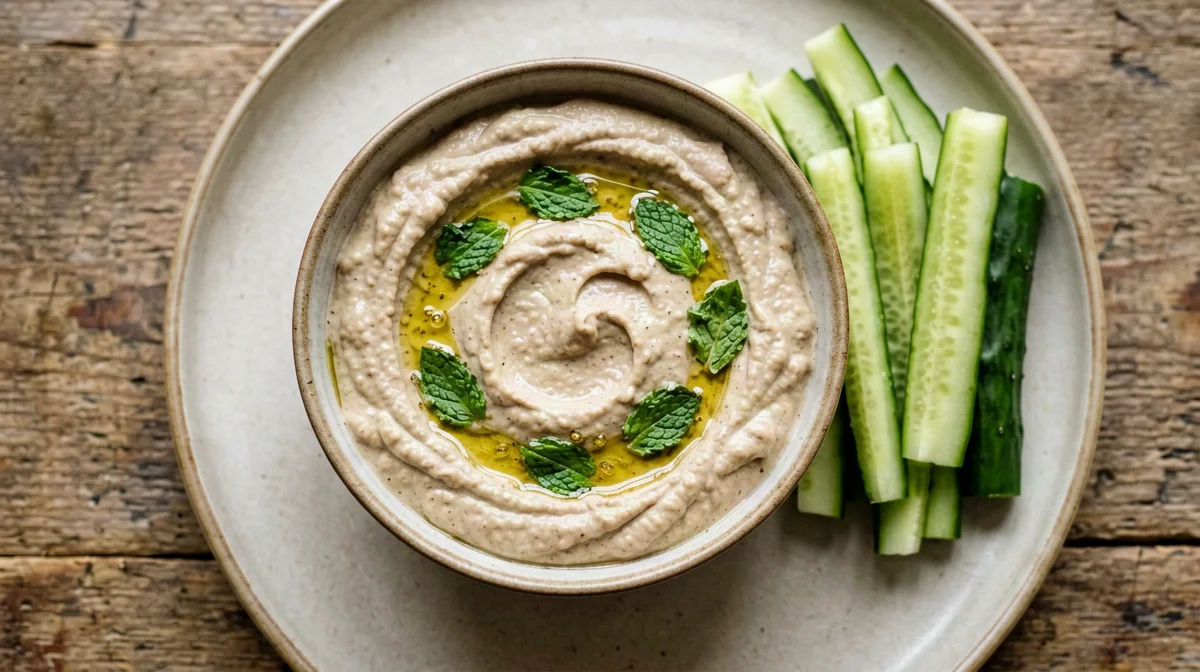 Dried fava and mint dip with cucumber sticks
