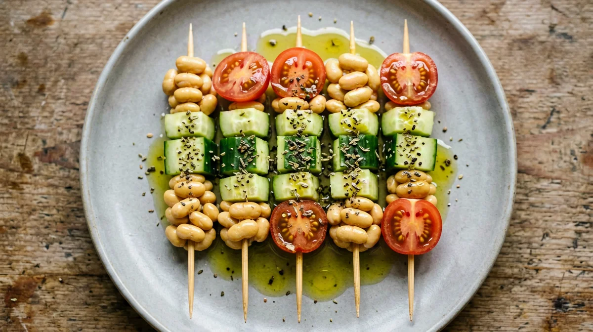 Oregano lupin, cherry tomato and cucumber skewers