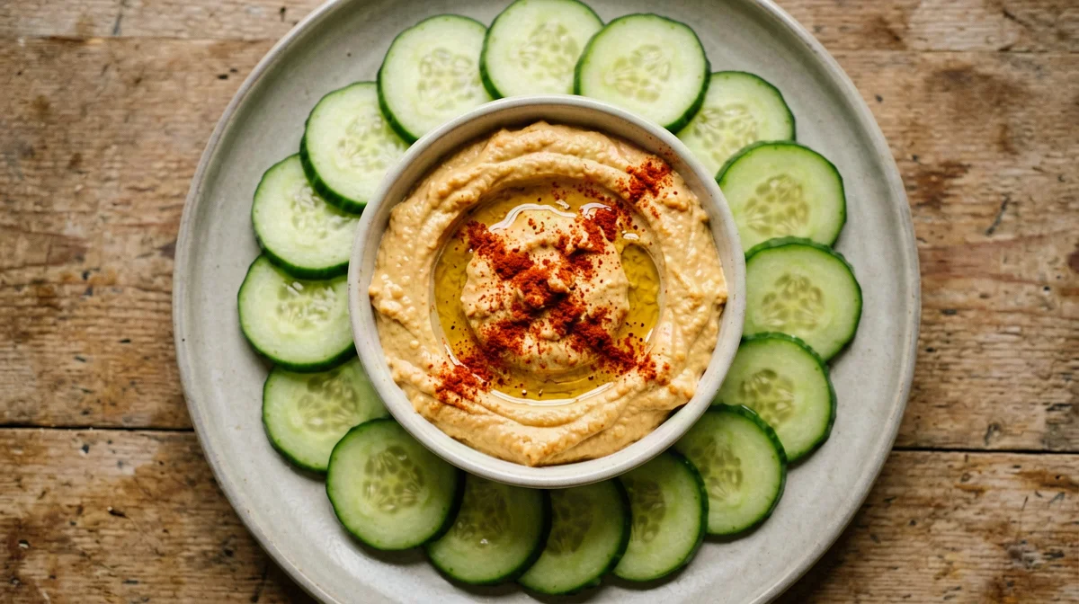 Cumin red lentil hummus with cucumber
