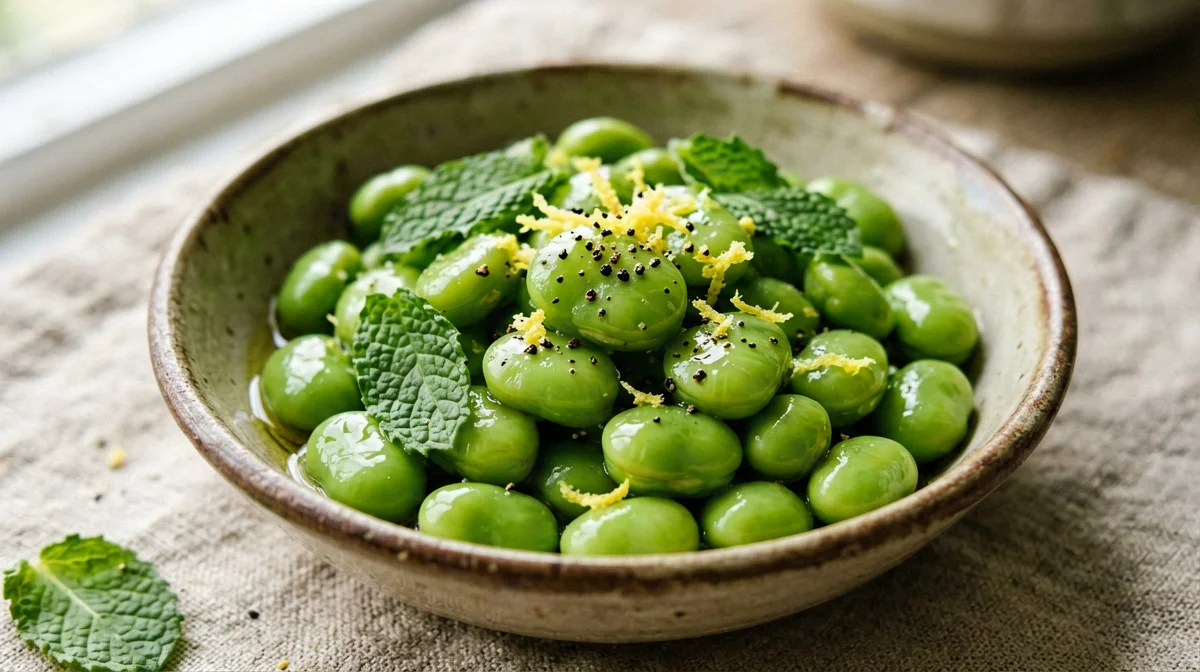 Fresh fava bean salad with mint and lemon
