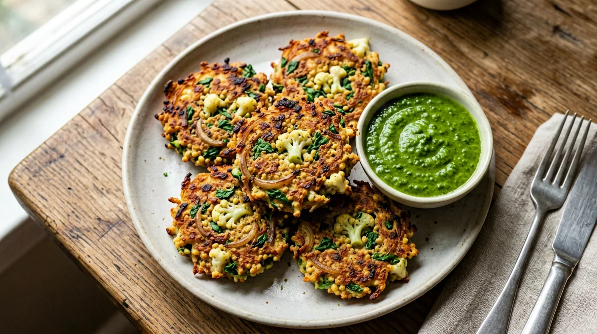 Baked vegetable pakoras with coriander chutney