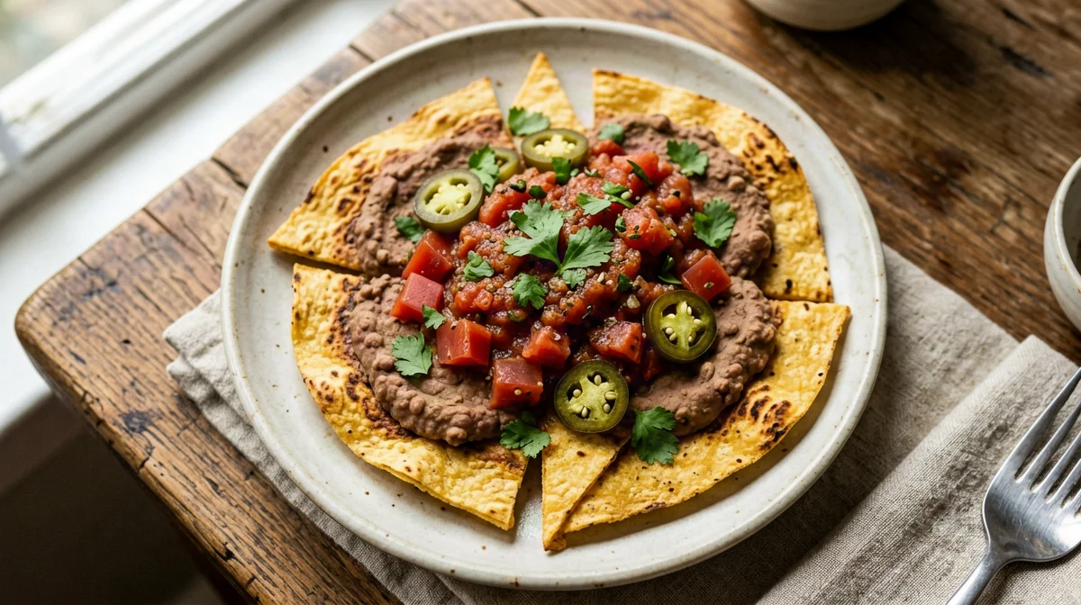Baked nachos with refried beans and salsa