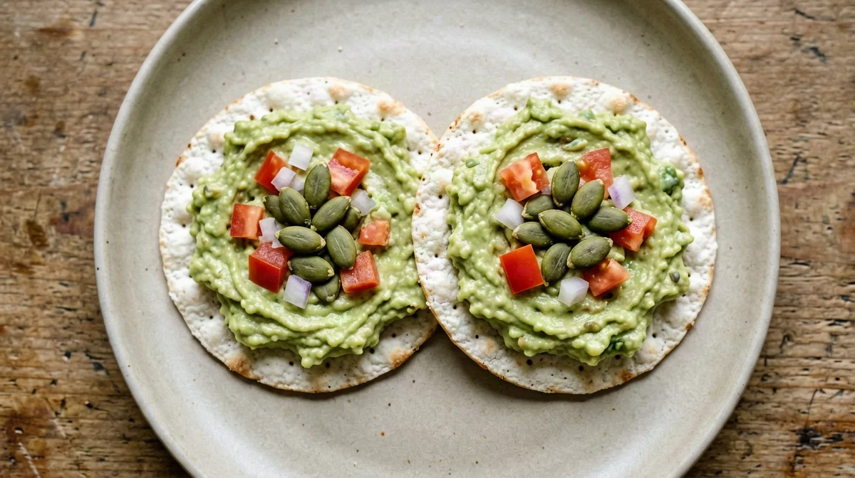 Pumpkin seed guacamole with corn cakes