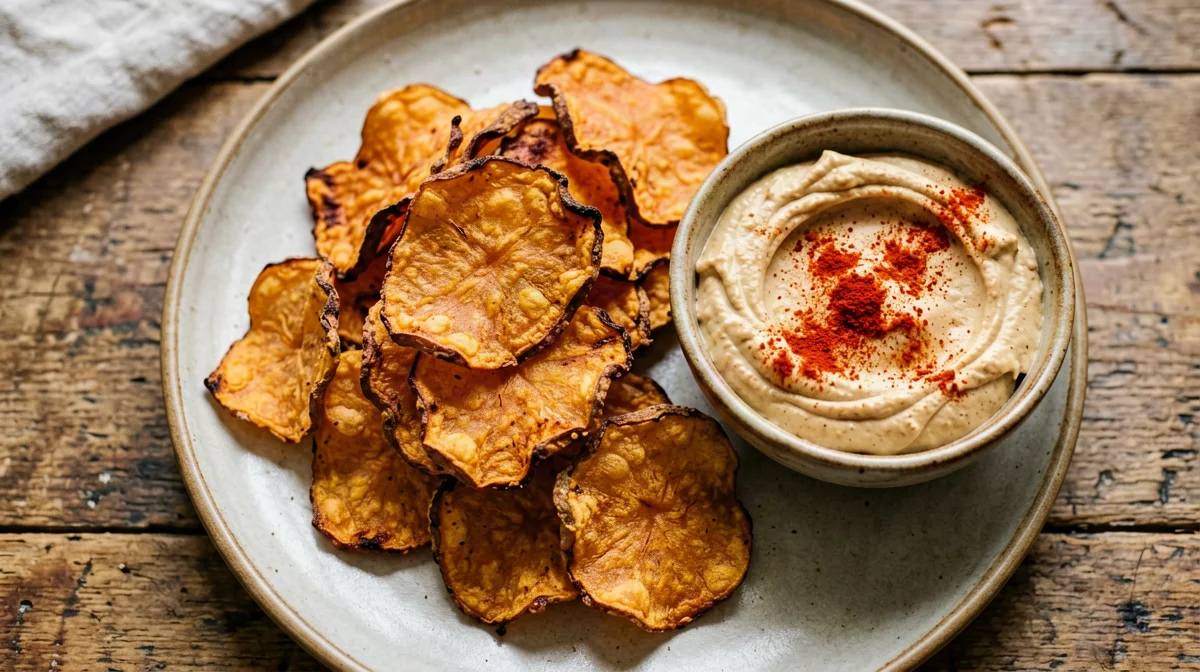 Baked sweet potato chips with paprika hummus