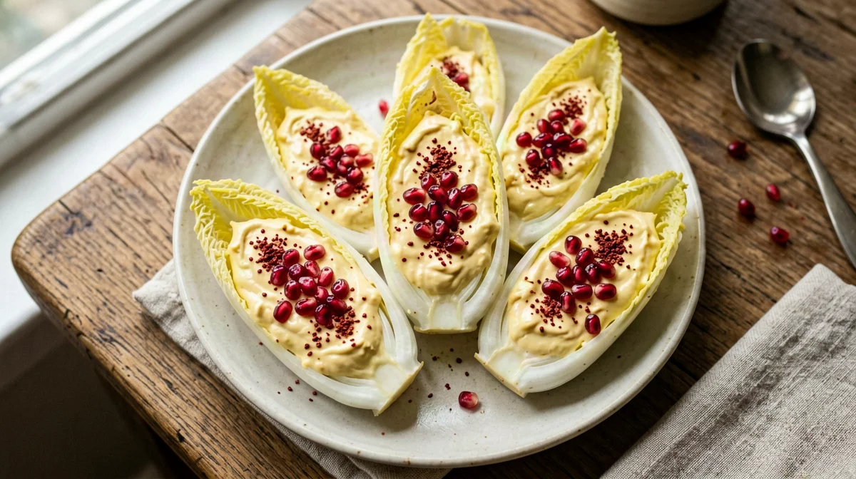 Barchette di indivia con crema di lupini, melagrana e sumac