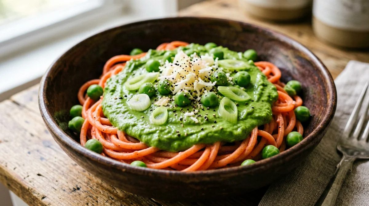 Pasta di lenticchie rosse con piselli, menta e lievito alimentare