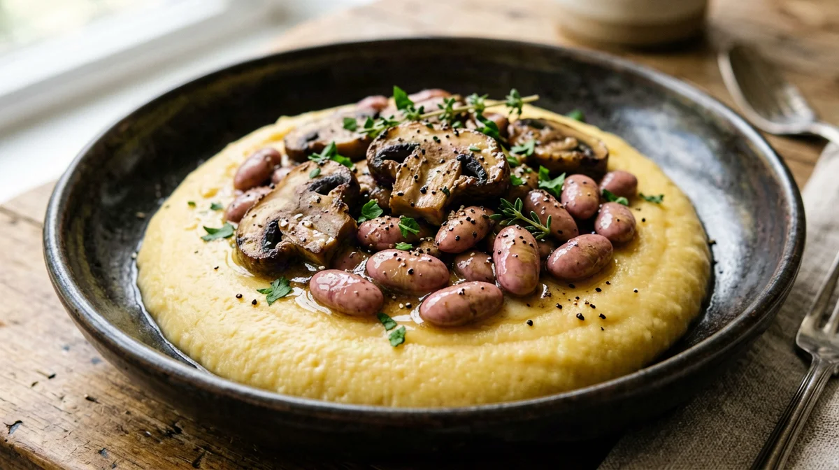 Polenta con funghi trifolati e borlotti al timo
