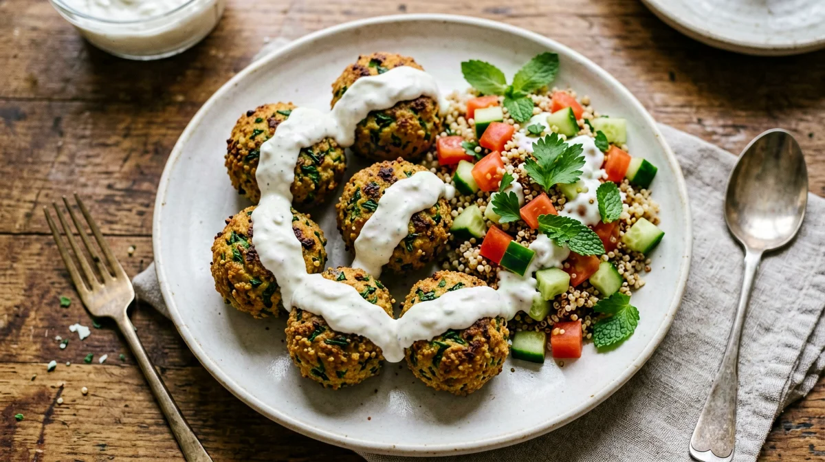 Falafel al forno con tabulè di quinoa e salsa tahina