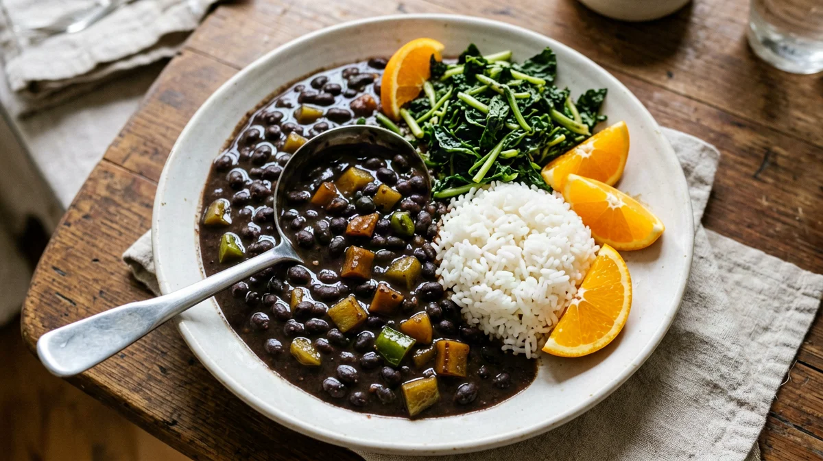 Vegan black bean feijoada with rice and orange