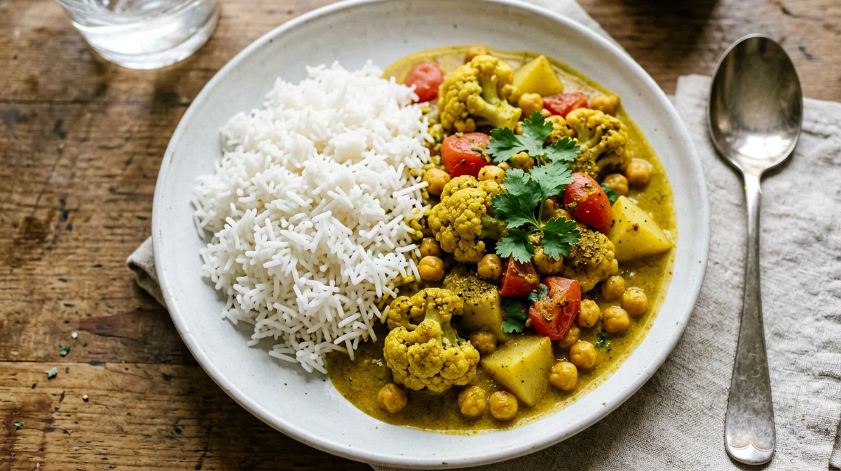 Aloo gobi with chickpeas and basmati rice