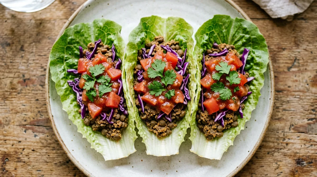 Lettuce tacos with spiced lentils, red cabbage and salsa