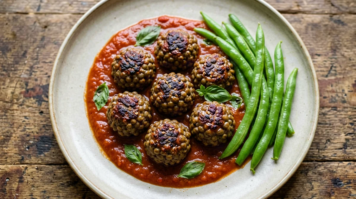 Lentil balls in tomato sauce with green beans