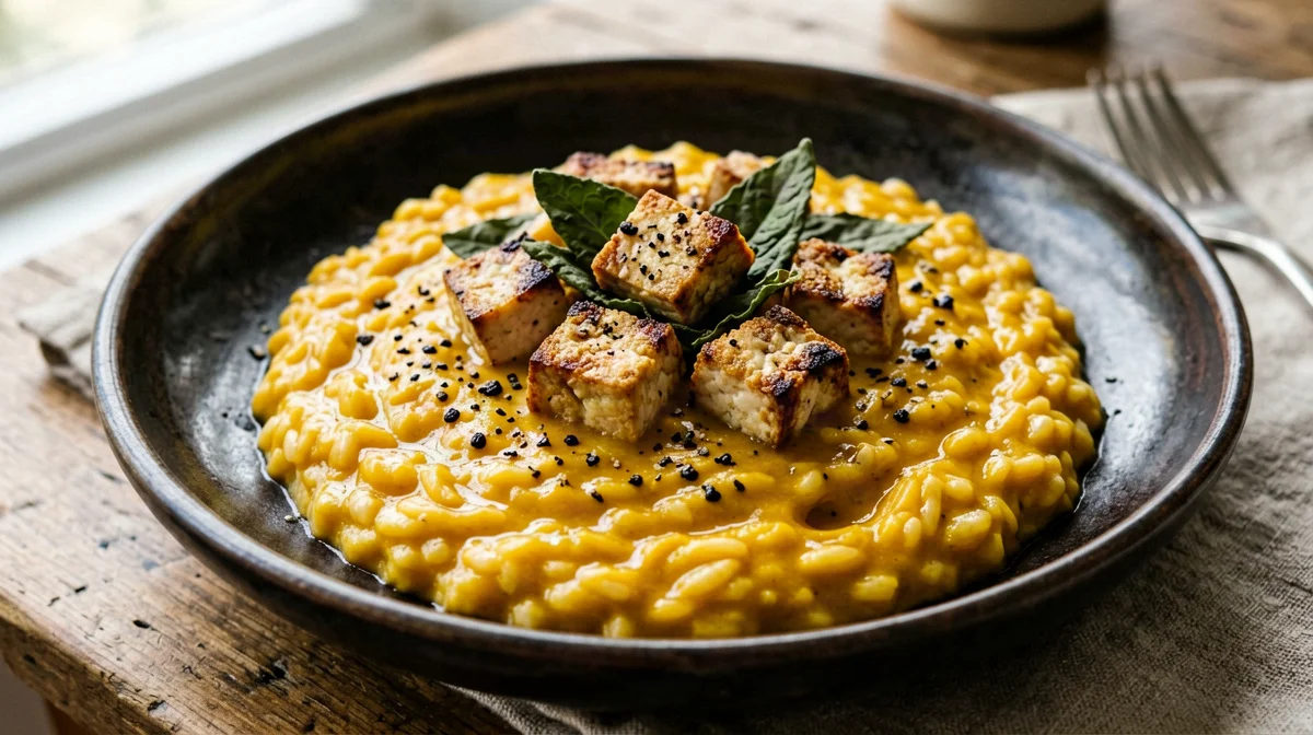Pumpkin risotto with smoked tofu and crispy sage