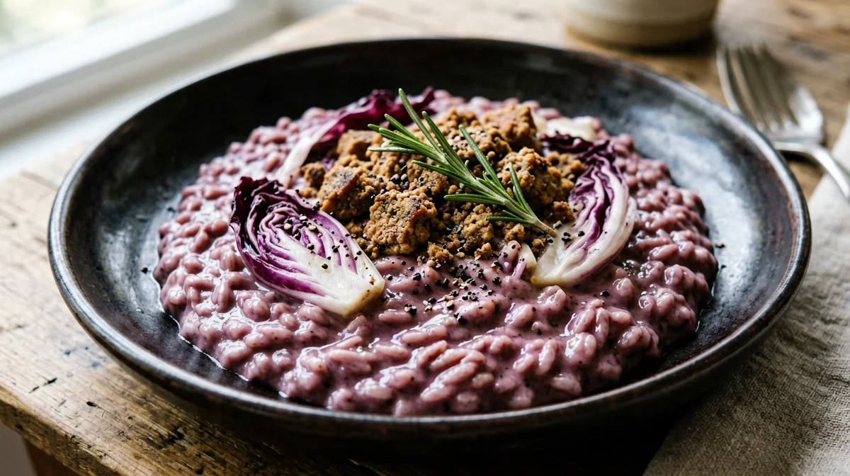 Risotto al radicchio con tempeh sbriciolato al vino rosso