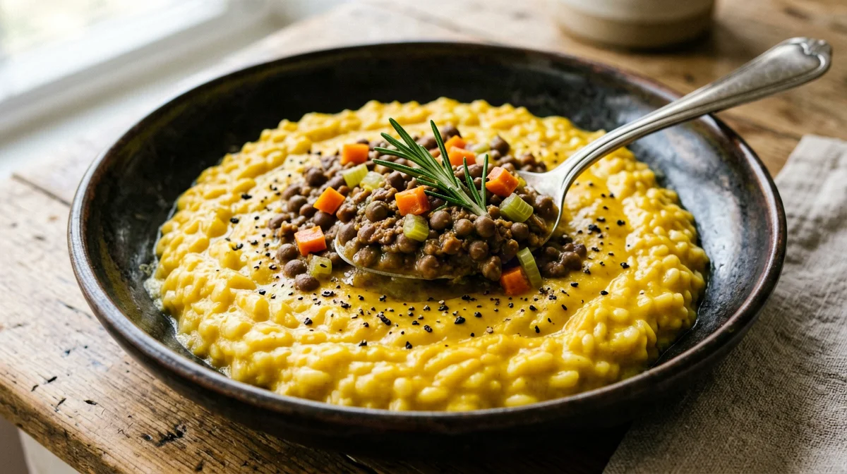 Risotto allo zafferano con ragù bianco di lenticchie