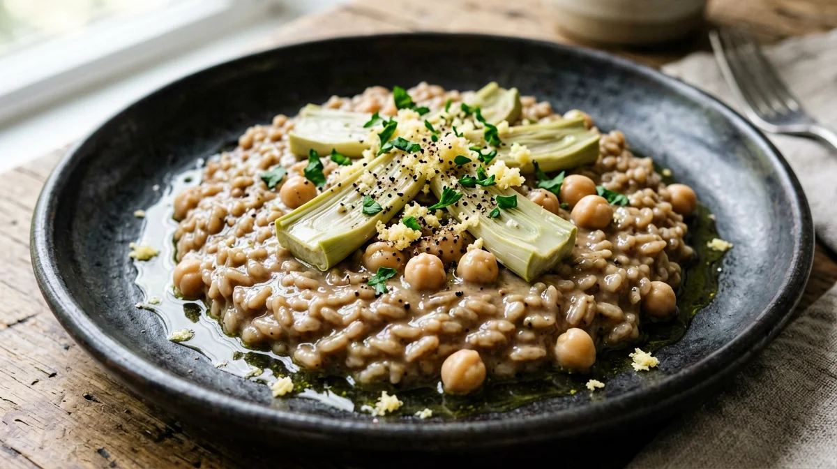 Risotto integrale ai carciofi e ceci con limone