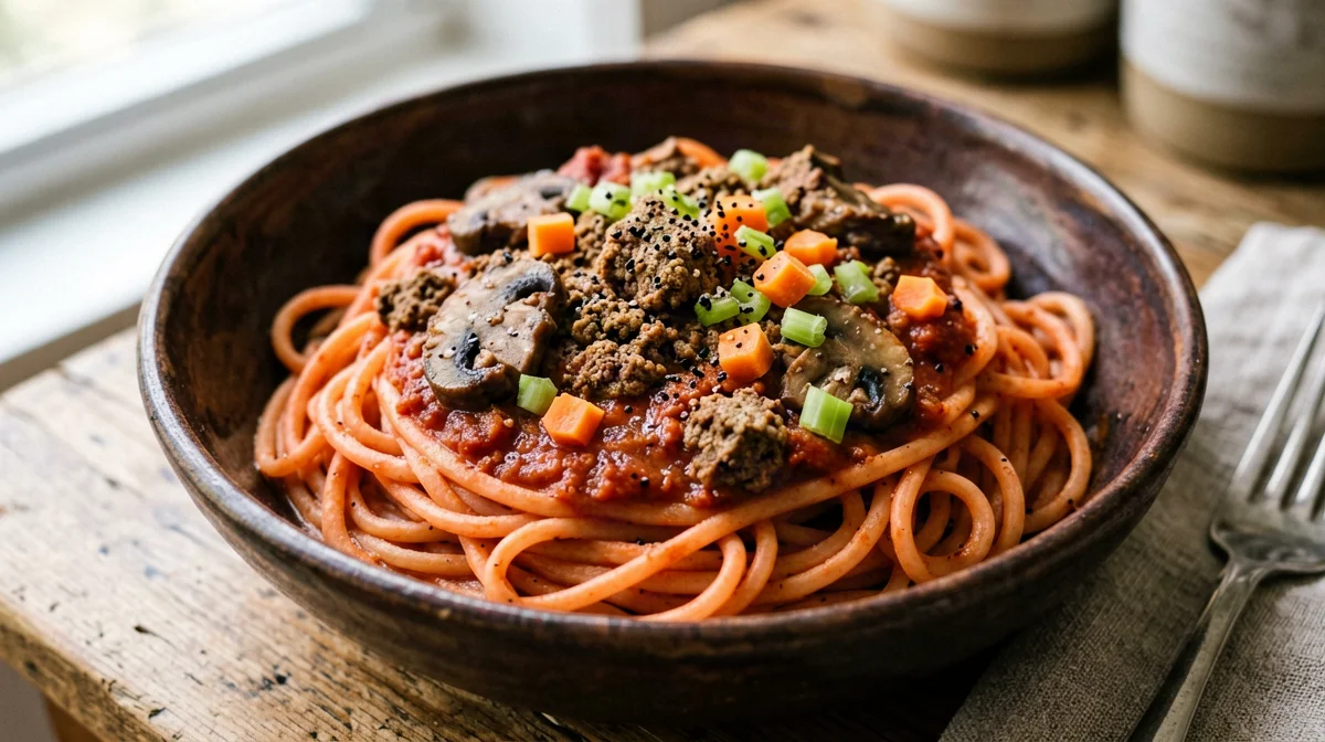 Red lentil pasta with tempeh and mushroom ragù