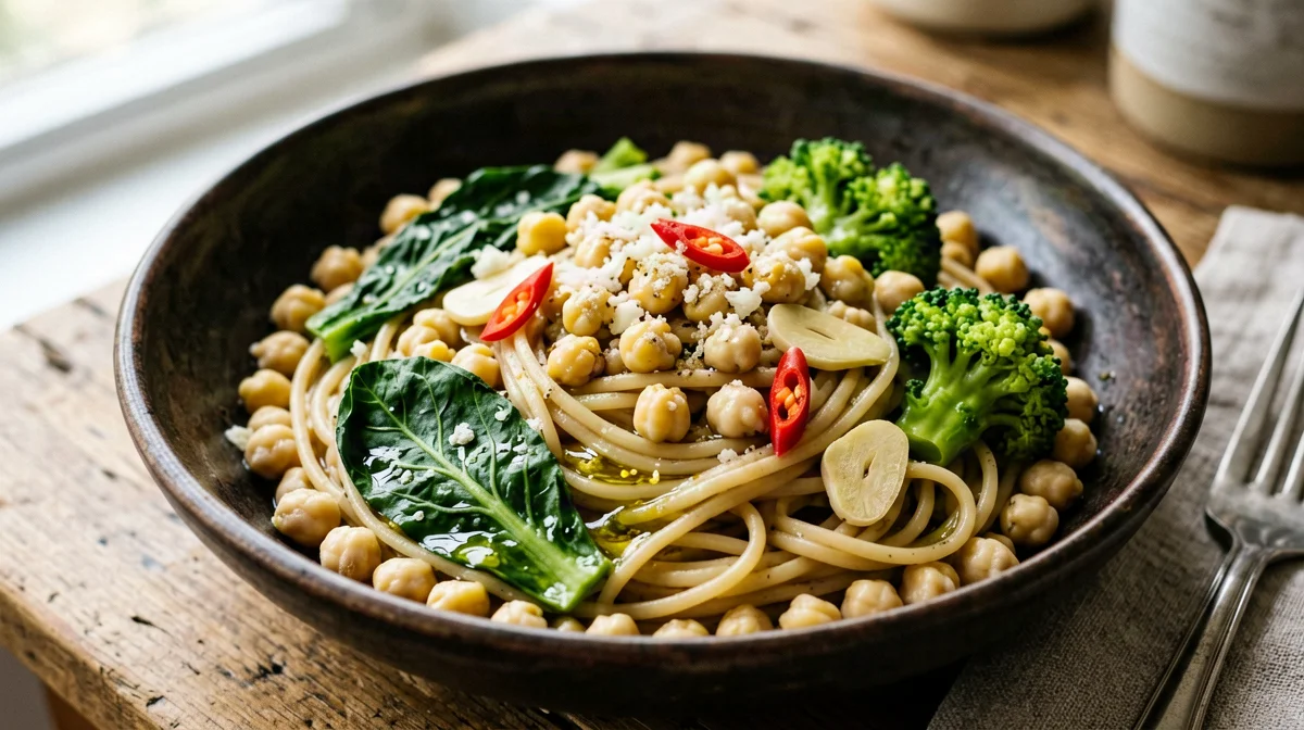 Pasta di ceci con cime di rapa, lupini e peperoncino