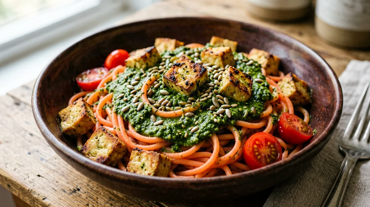 Pasta di lenticchie con pesto di basilico e semi di girasole e tofu