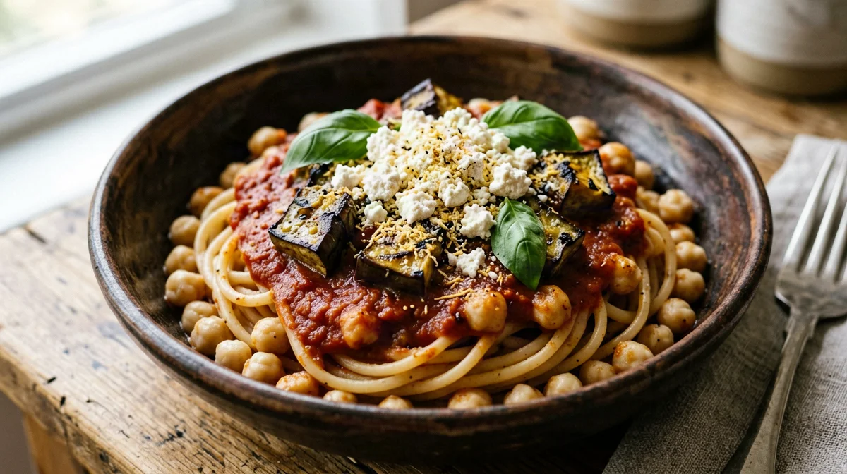 Pasta di ceci alla Norma con tofu salato al forno