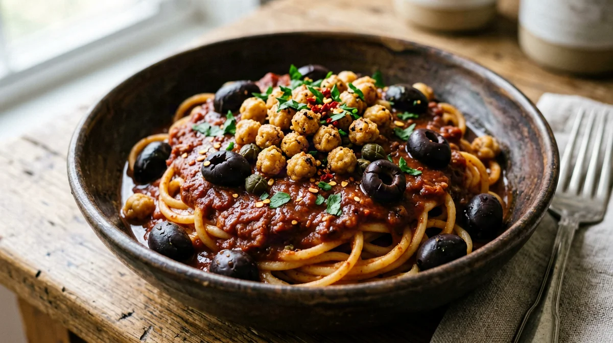 Gluten-free puttanesca pasta with crispy chickpeas
