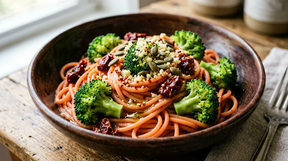 Lentil pasta with broccoli, sun-dried tomatoes and nutritional yeast