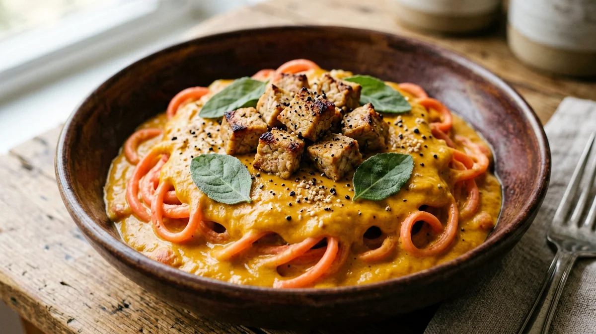 Red lentil pasta with butternut cream and smoked tofu