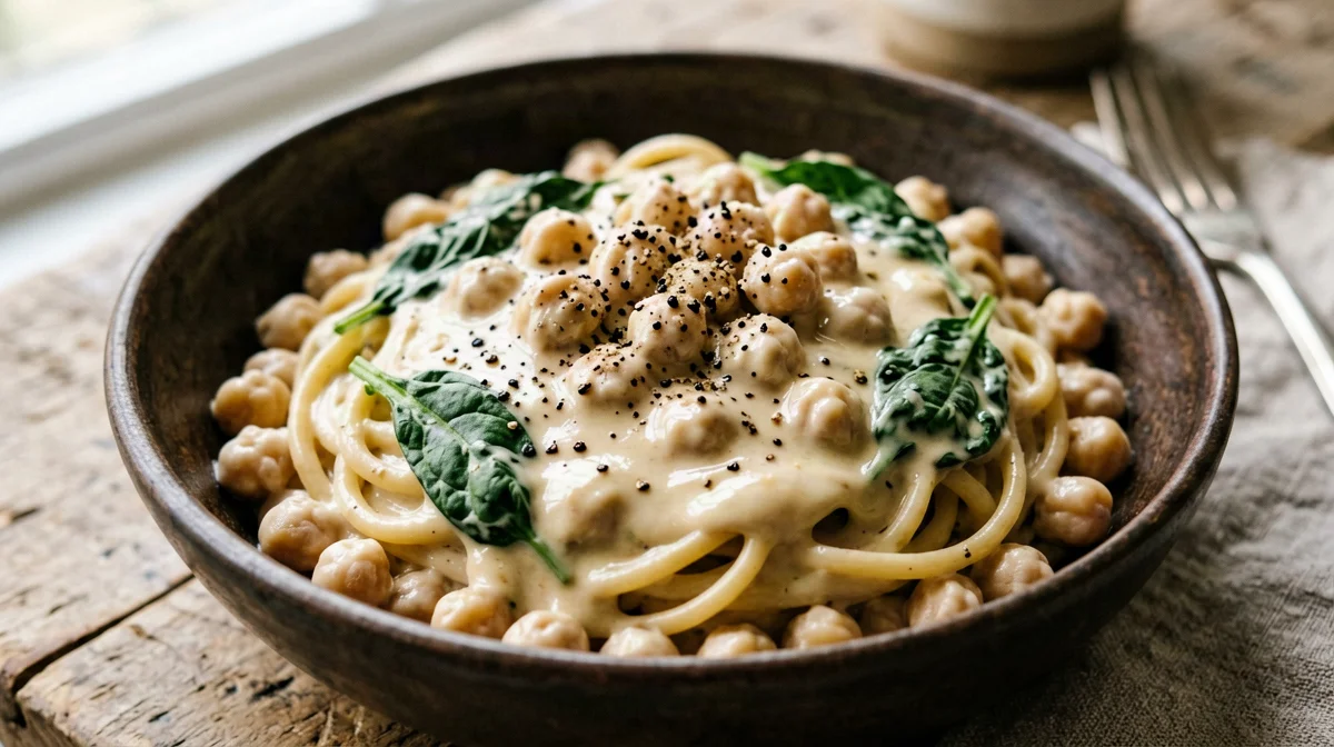 Vegan cacio e pepe with chickpea pasta and cashew cream