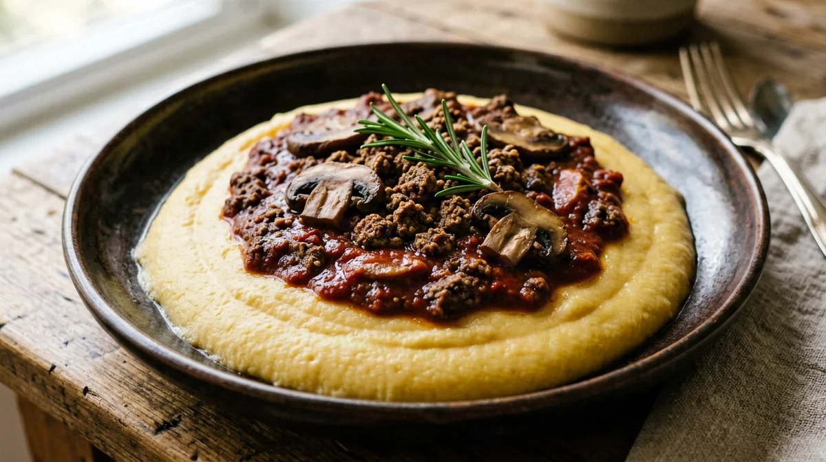 Polenta with tempeh, mushroom and rosemary ragù