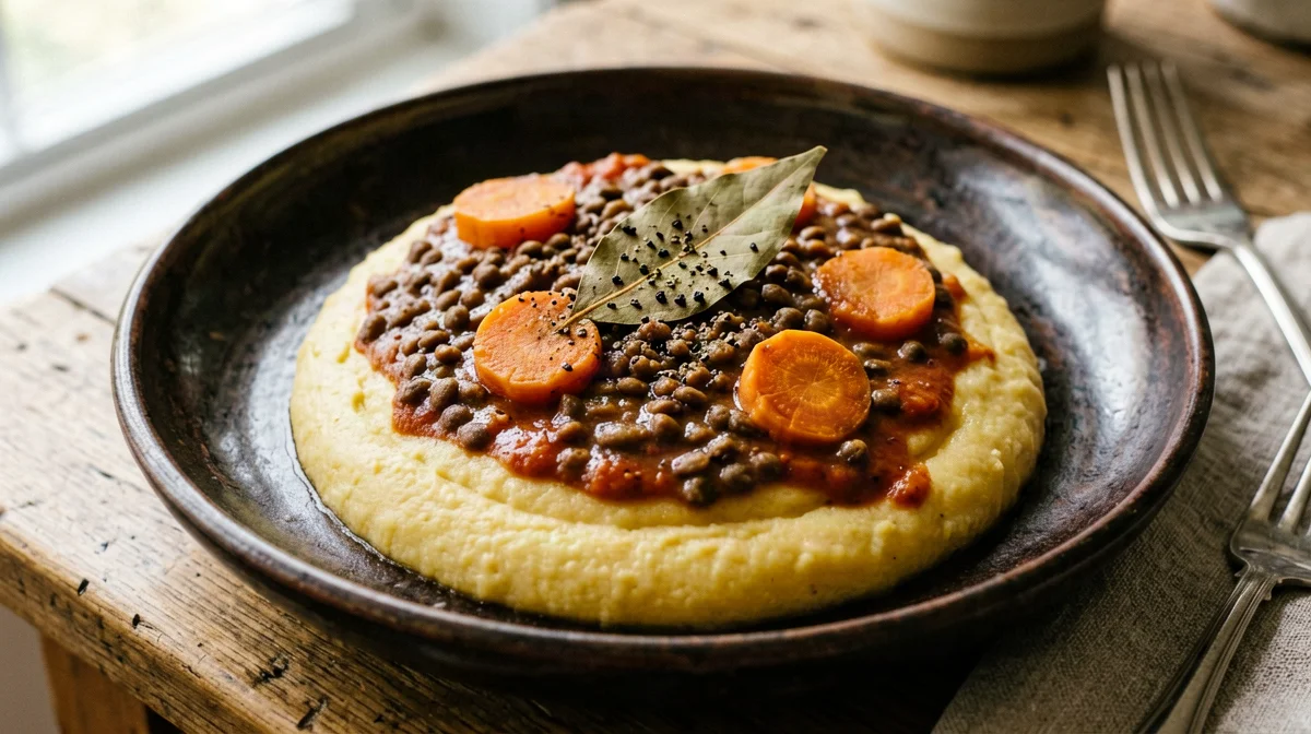 Polenta with lentil, carrot and bay leaf stew