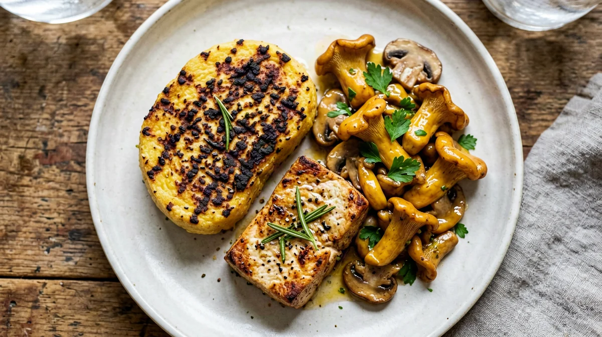 Polenta grigliata con funghi trifolati e tofu al rosmarino