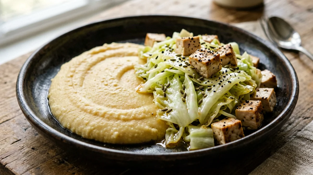 Polenta morbida con verza stufata e tofu affumicato