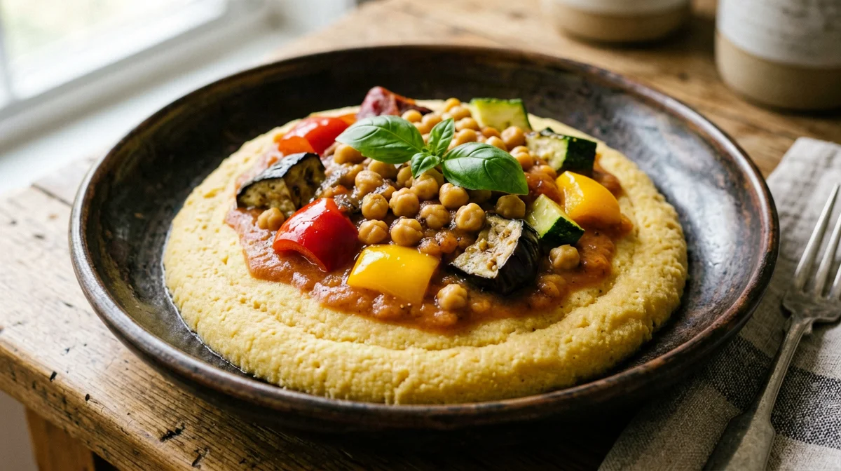 Polenta with summer vegetable ciambotta and chickpeas