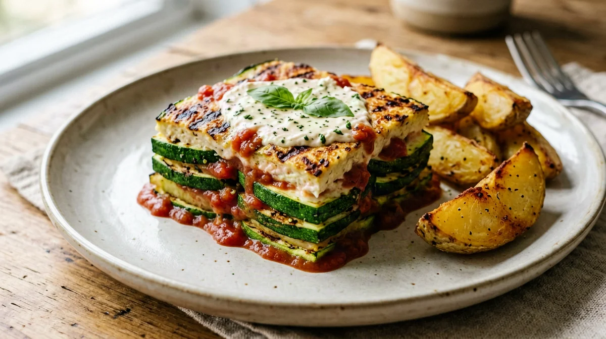Zucchini parmigiana with basil tofu cream